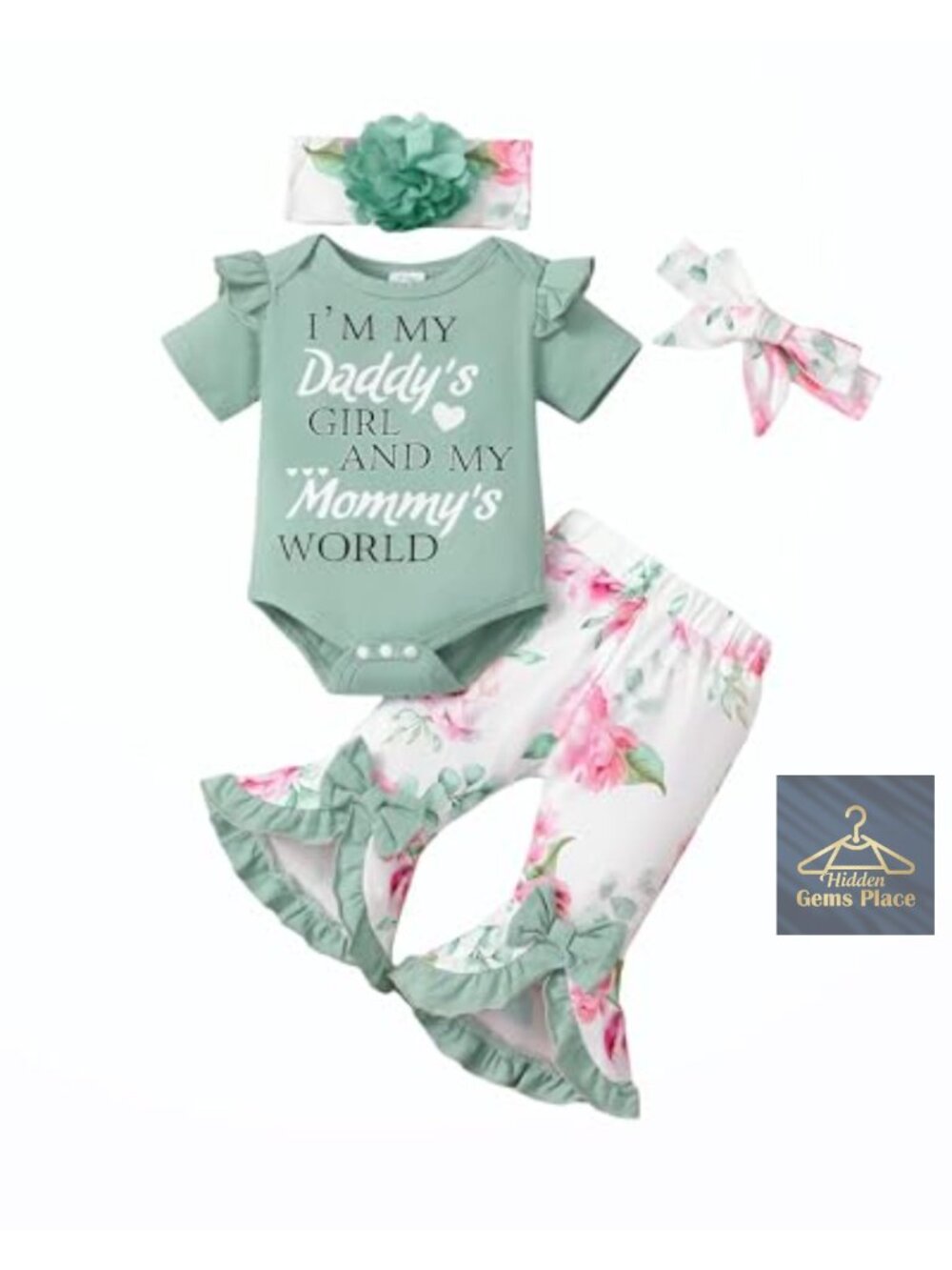 Newborn Baby Girl Floral Romper Set Bell Bottom Pants Headband 4Pcs Cotton